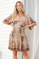 Sana Mini Dress - Bell Sleeve Button Down V Neck Dress in Boba Print