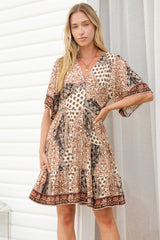 Sana Mini Dress - Bell Sleeve Button Down V Neck Dress in Boba Print