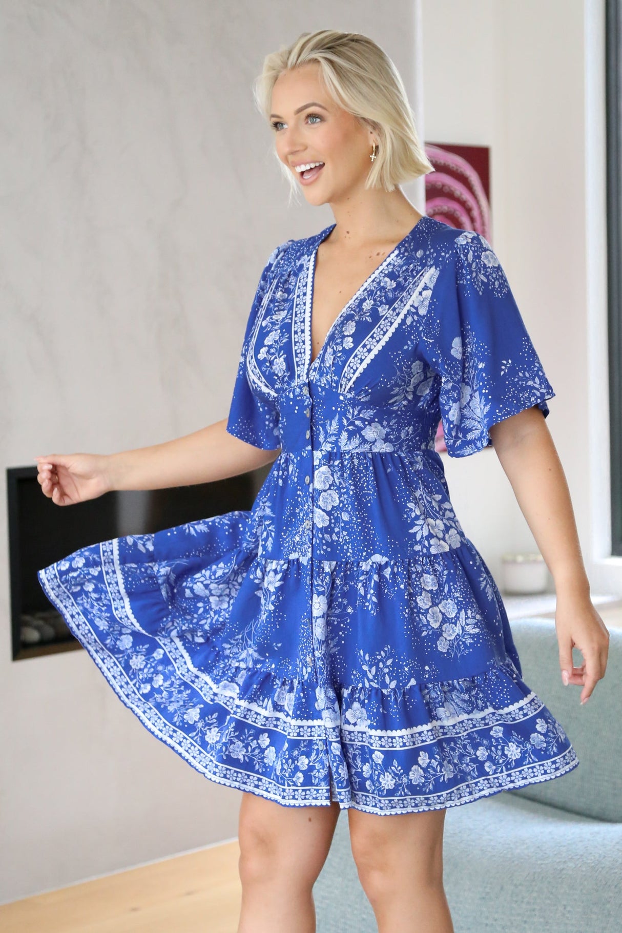 Sana Mini Dress - Bell Sleeve Button Down V Neck Dress in Briella Print