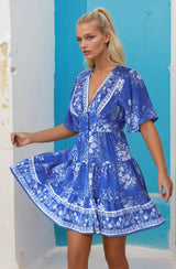 Sana Mini Dress - Bell Sleeve Button Down V Neck Dress in Briella Print