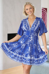 Sana Mini Dress - Bell Sleeve Button Down V Neck Dress in Briella Print