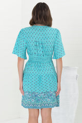 Sana Mini Dress - Bell Sleeve Button Down V Neck Dress in Izara Print Blue