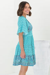 Sana Mini Dress - Bell Sleeve Button Down V Neck Dress in Izara Print Blue