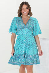 Sana Mini Dress - Bell Sleeve Button Down V Neck Dress in Izara Print Blue