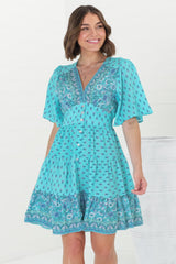 Sana Mini Dress - Bell Sleeve Button Down V Neck Dress in Izara Print Blue