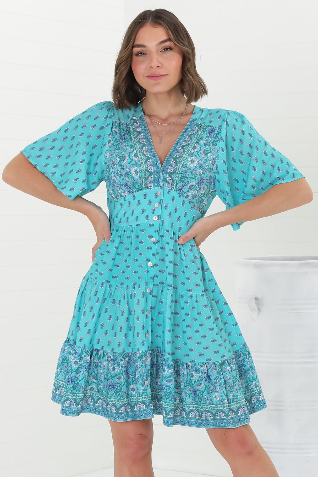 Sana Mini Dress - Bell Sleeve Button Down V Neck Dress in Izara Print Blue