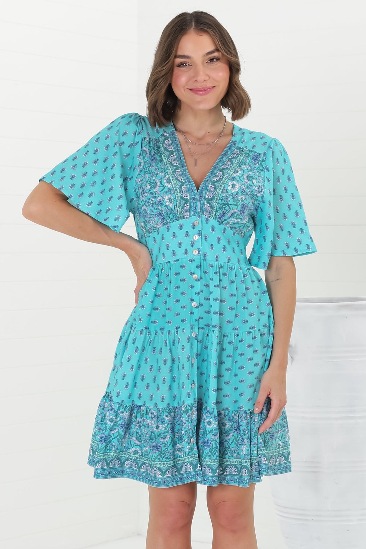 Sana Mini Dress - Bell Sleeve Button Down V Neck Dress in Izara Print Blue