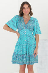 Sana Mini Dress - Bell Sleeve Button Down V Neck Dress in Izara Print Blue