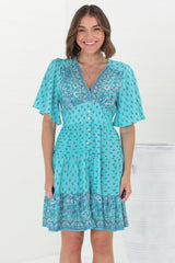 Sana Mini Dress - Bell Sleeve Button Down V Neck Dress in Izara Print Blue