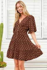 Sana Mini Dress - Bell Sleeve Button Down V Neck Dress in Kendy Print
