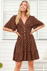 Sana Mini Dress - Bell Sleeve Button Down V Neck Dress in Kendy Print