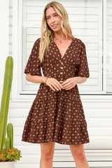 Sana Mini Dress - Bell Sleeve Button Down V Neck Dress in Kendy Print