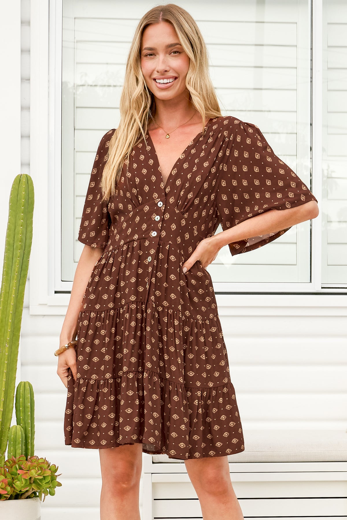 Sana Mini Dress - Bell Sleeve Button Down V Neck Dress in Kendy Print