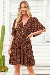 Sana Mini Dress - Bell Sleeve Button Down V Neck Dress in Kendy Print