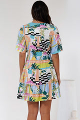 Sana Mini Dress - Bell Sleeve Button Down V Neck Dress in Melora Print