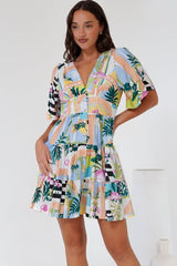 Sana Mini Dress - Bell Sleeve Button Down V Neck Dress in Melora Print