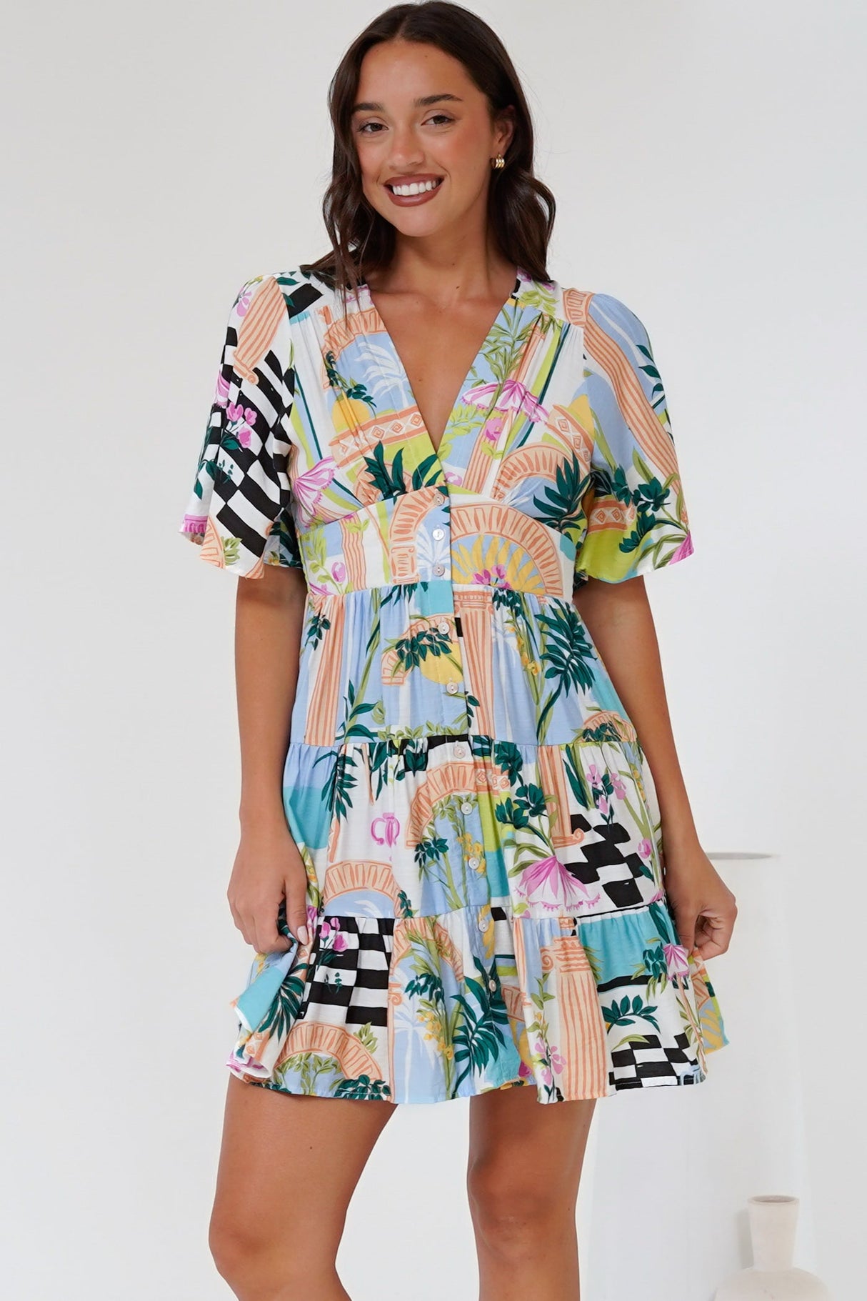 Sana Mini Dress - Bell Sleeve Button Down V Neck Dress in Melora Print