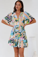 Sana Mini Dress - Bell Sleeve Button Down V Neck Dress in Melora Print