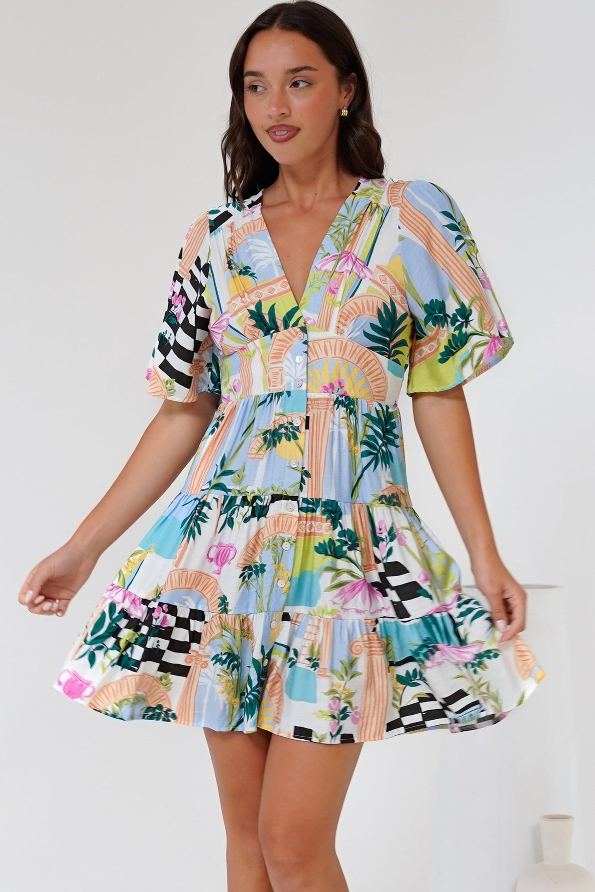 Sana Mini Dress - Bell Sleeve Button Down V Neck Dress in Melora Print