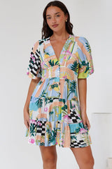 Sana Mini Dress - Bell Sleeve Button Down V Neck Dress in Melora Print