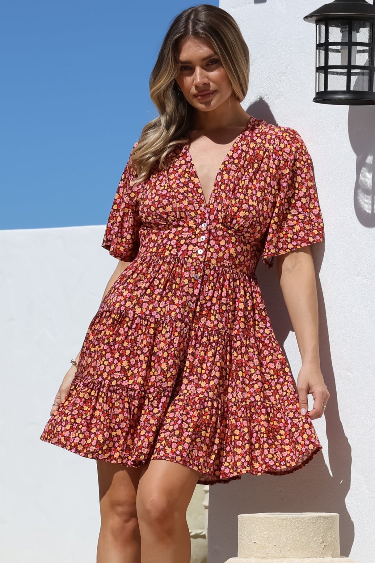 Sana Mini Dress - Bell Sleeve Button Down V Neck Dress in Rosina Print