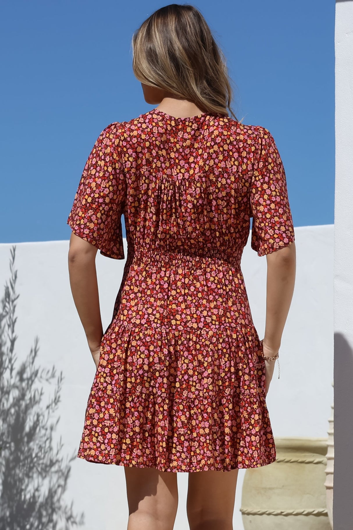Sana Mini Dress - Bell Sleeve Button Down V Neck Dress in Rosina Print