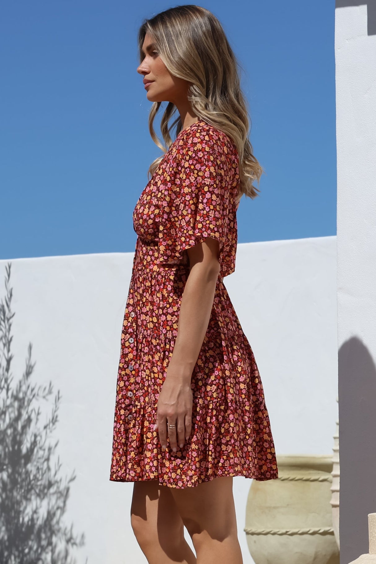 Sana Mini Dress - Bell Sleeve Button Down V Neck Dress in Rosina Print