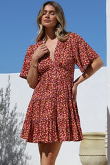 Sana Mini Dress - Bell Sleeve Button Down V Neck Dress in Rosina Print