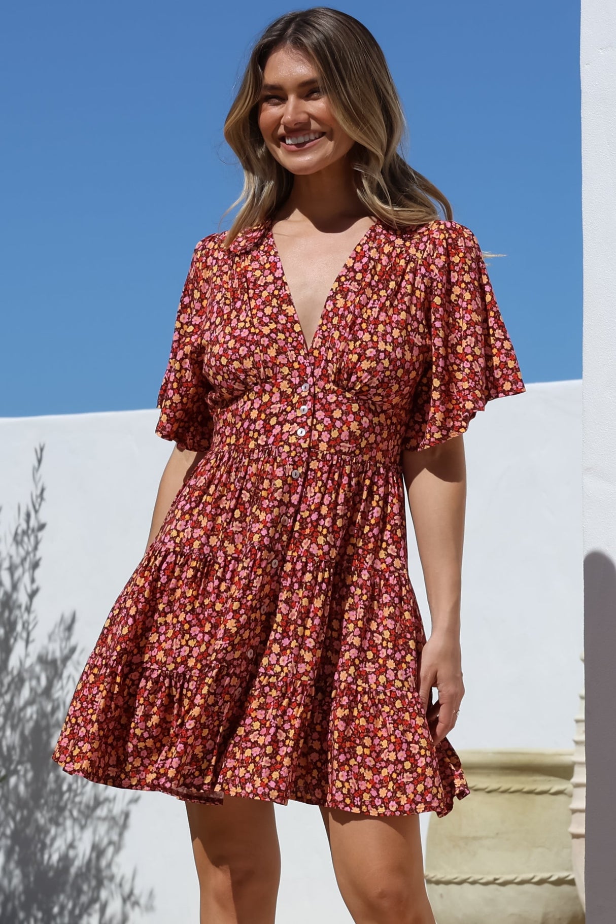 Sana Mini Dress - Bell Sleeve Button Down V Neck Dress in Rosina Print