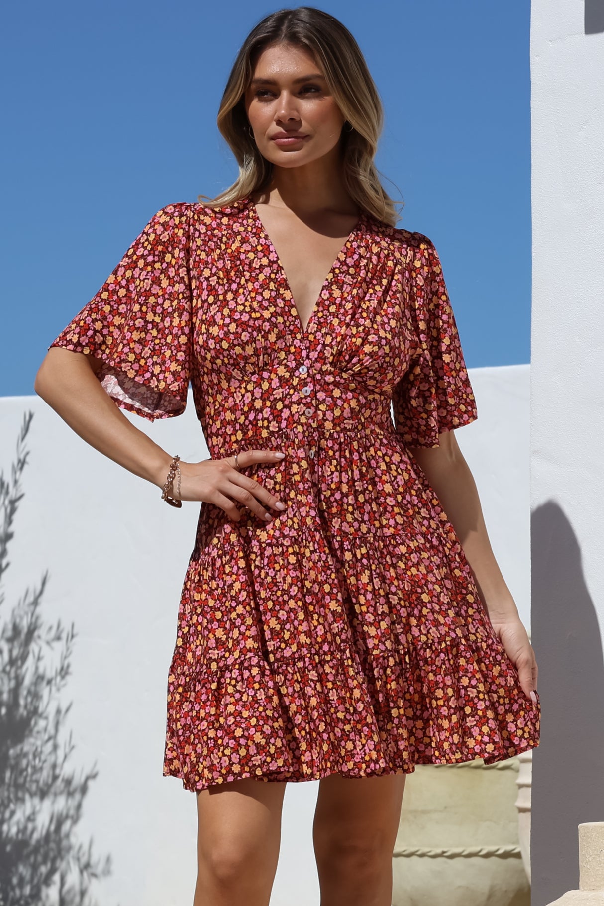 Sana Mini Dress - Bell Sleeve Button Down V Neck Dress in Rosina Print