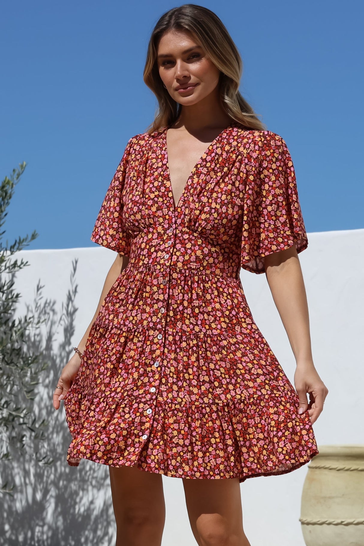 Sana Mini Dress - Bell Sleeve Button Down V Neck Dress in Rosina Print