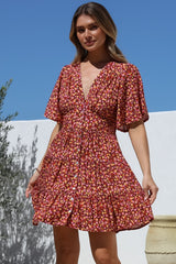 Sana Mini Dress - Bell Sleeve Button Down V Neck Dress in Rosina Print