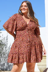 Sana Mini Dress - Bell Sleeve Button Down V Neck Dress in Rosina Print