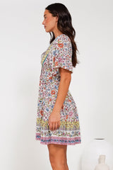 Sana Mini Dress - Bell Sleeve Button Down V Neck Dress in Scottie Print