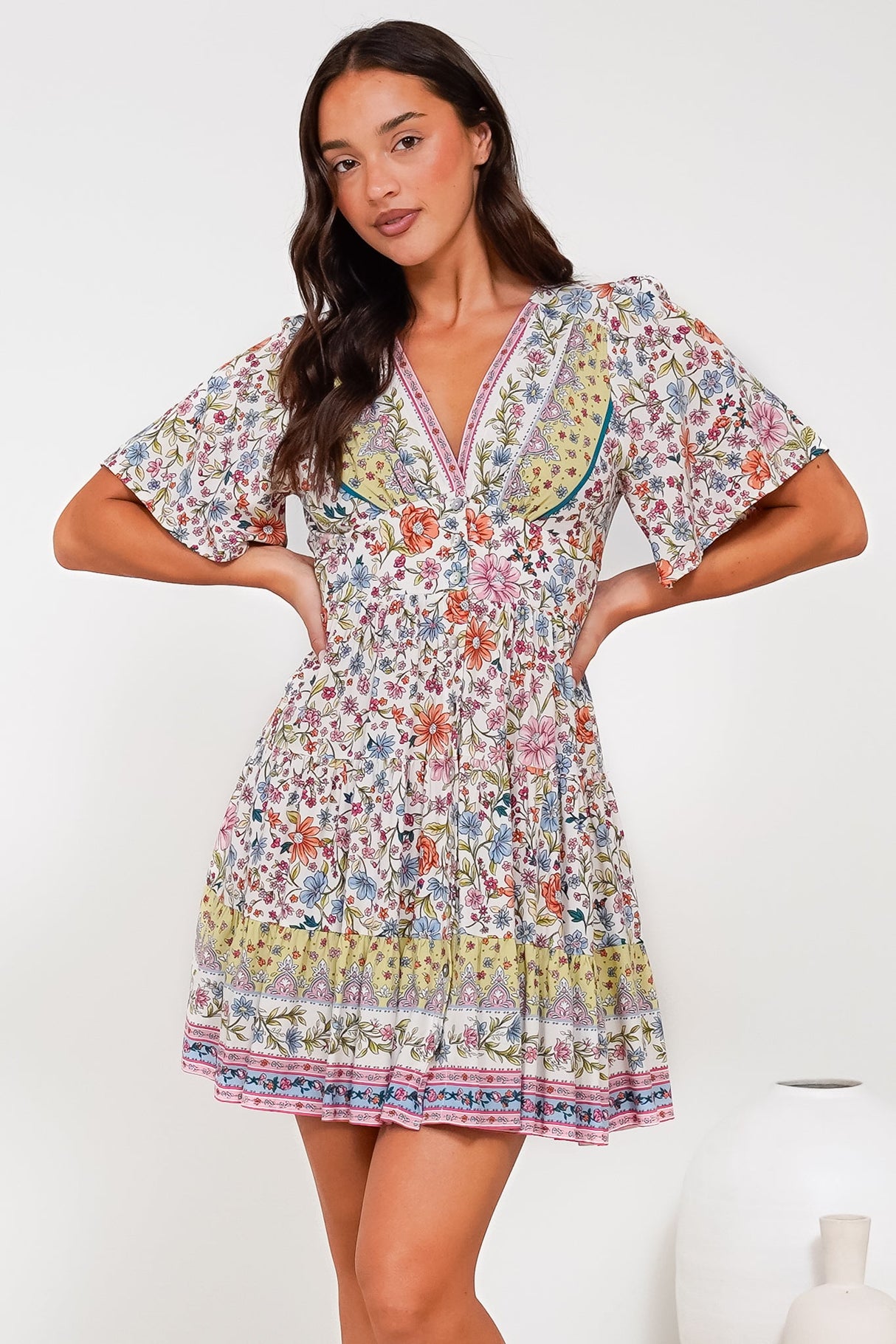 Sana Mini Dress - Bell Sleeve Button Down V Neck Dress in Scottie Print