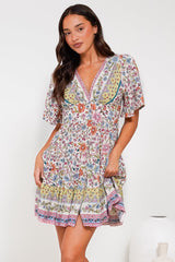 Sana Mini Dress - Bell Sleeve Button Down V Neck Dress in Scottie Print