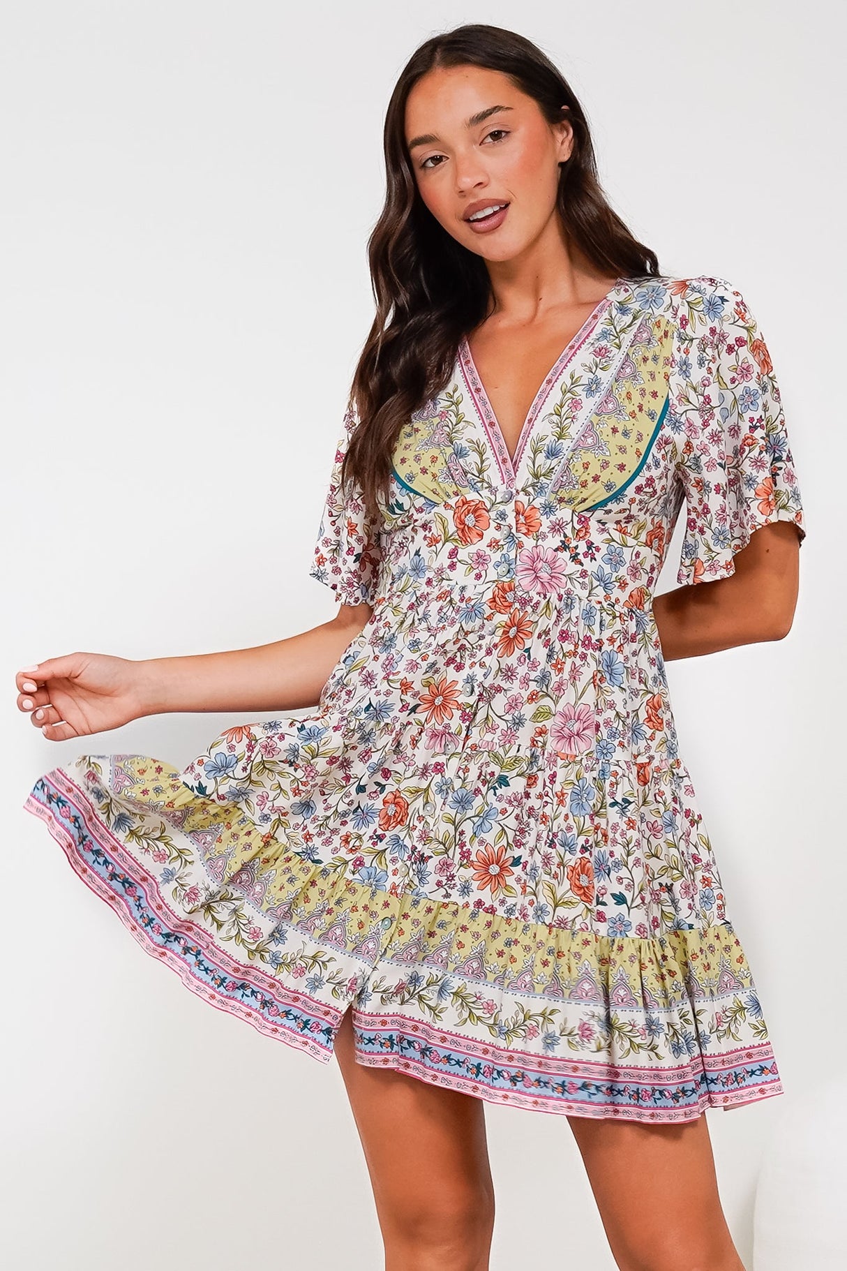 Sana Mini Dress - Bell Sleeve Button Down V Neck Dress in Scottie Print