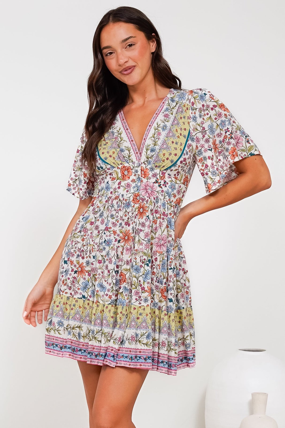 Sana Mini Dress - Bell Sleeve Button Down V Neck Dress in Scottie Print