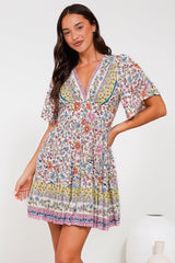 Sana Mini Dress - Bell Sleeve Button Down V Neck Dress in Scottie Print