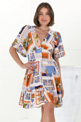 Sana Mini Dress - Bell Sleeve Button Down V Neck Dress in Alessia Print