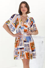 Sana Mini Dress - Bell Sleeve Button Down V Neck Dress in Alessia Print