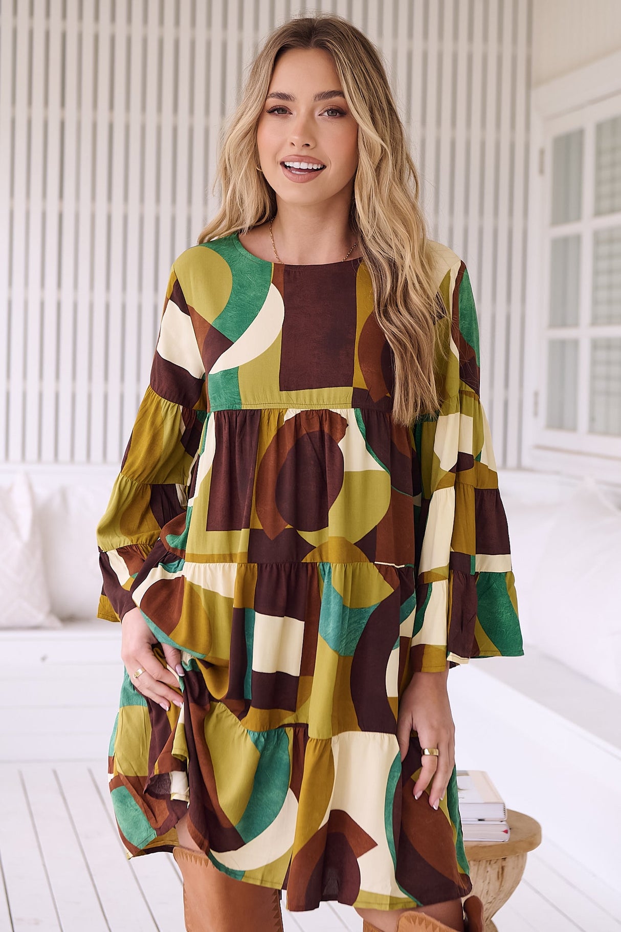 JAASE - Sander Mini Dress - Tiered Pull Over Dress with Tiered Bell Sleeves in Bardot Print