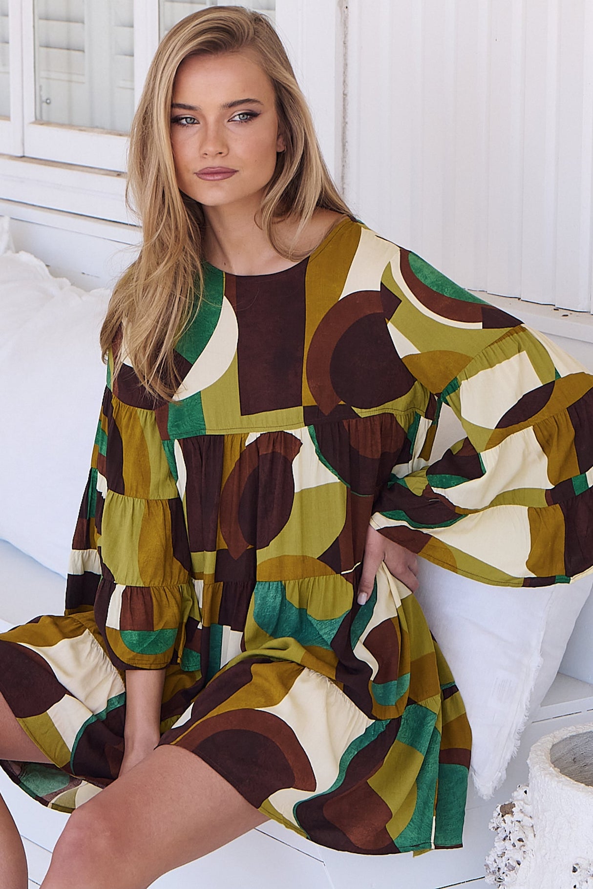 JAASE - Sander Mini Dress - Tiered Pull Over Dress with Tiered Bell Sleeves in Bardot Print