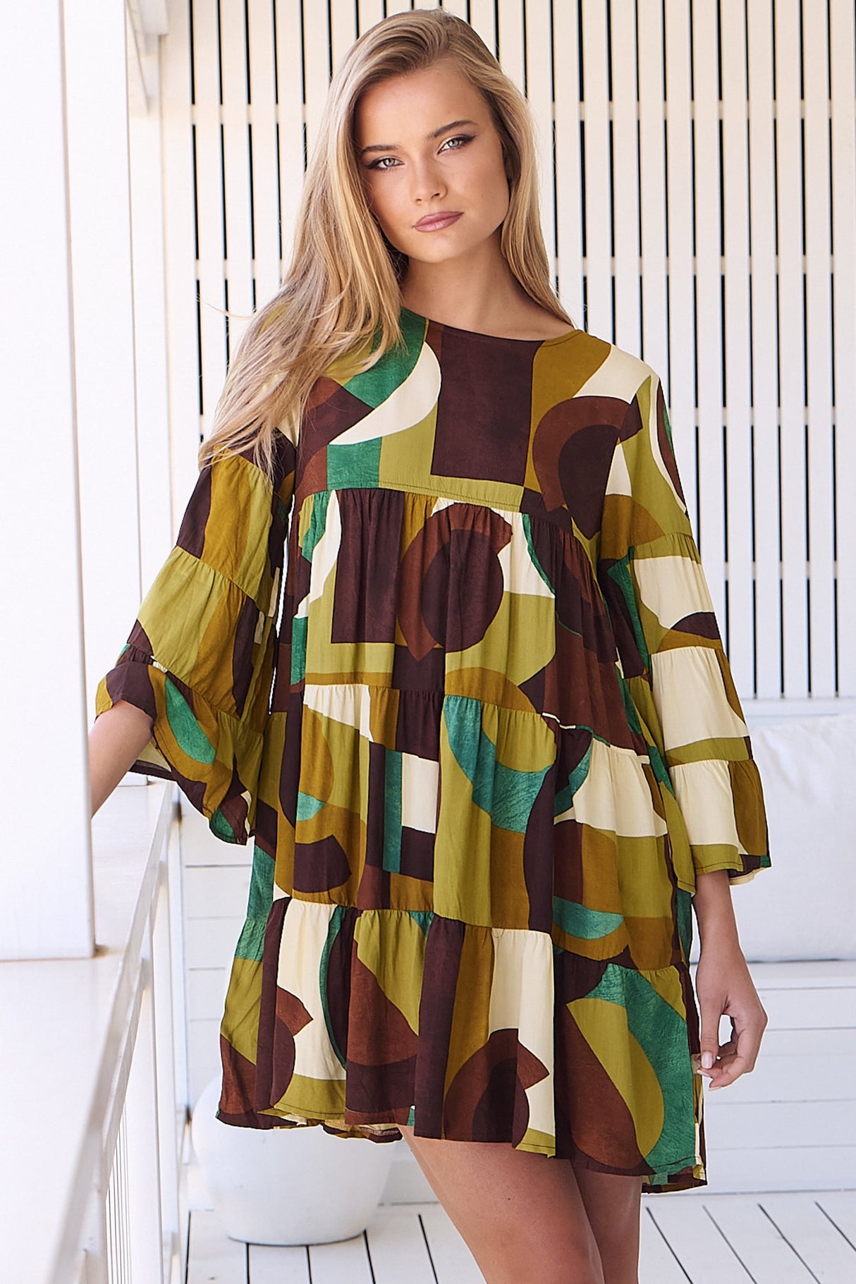 JAASE - Sander Mini Dress - Tiered Pull Over Dress with Tiered Bell Sleeves in Bardot Print