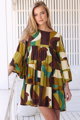 JAASE - Sander Mini Dress - Tiered Pull Over Dress with Tiered Bell Sleeves in Bardot Print