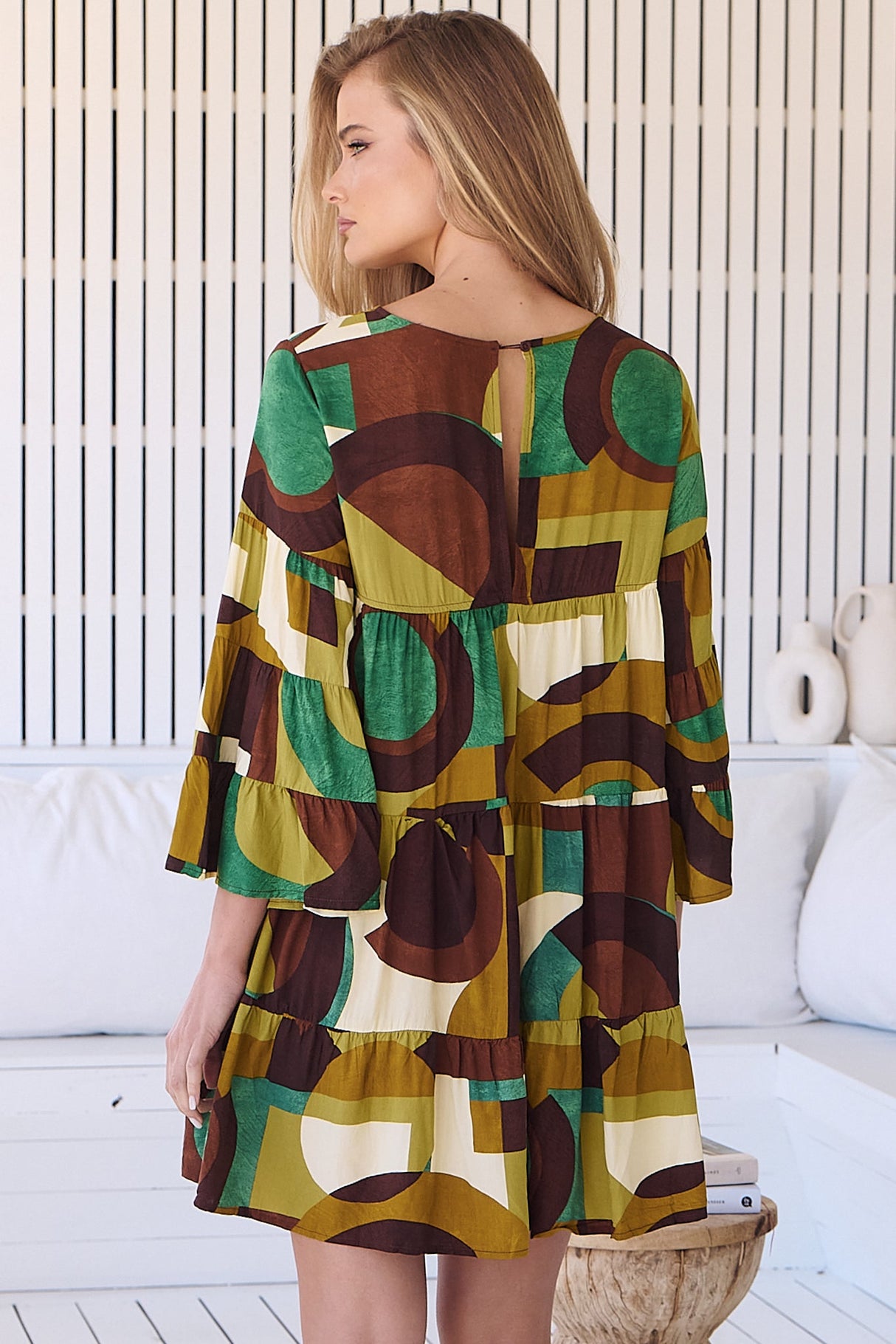 JAASE - Sander Mini Dress - Tiered Pull Over Dress with Tiered Bell Sleeves in Bardot Print