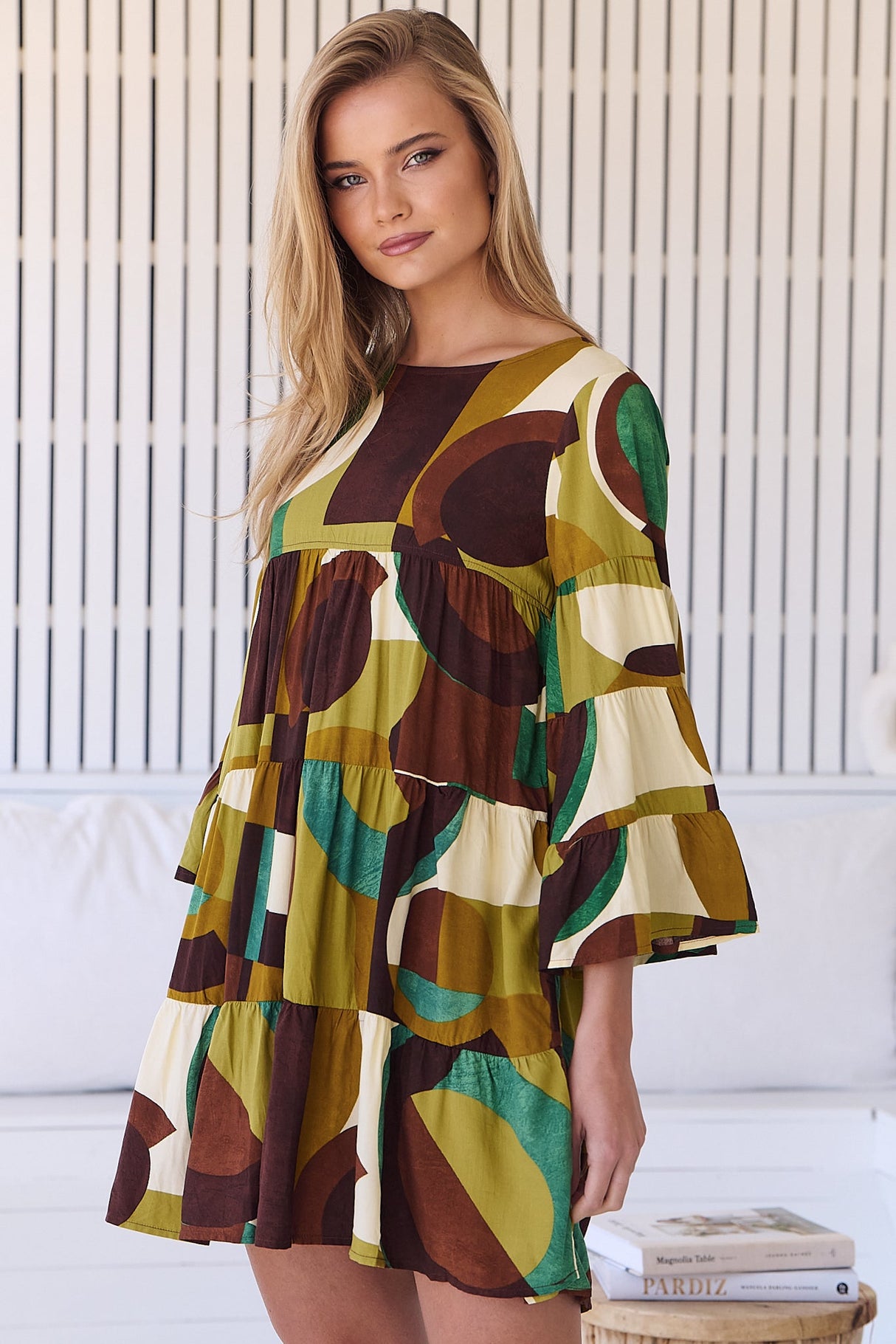 JAASE - Sander Mini Dress - Tiered Pull Over Dress with Tiered Bell Sleeves in Bardot Print