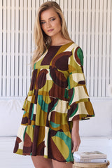 JAASE - Sander Mini Dress - Tiered Pull Over Dress with Tiered Bell Sleeves in Bardot Print