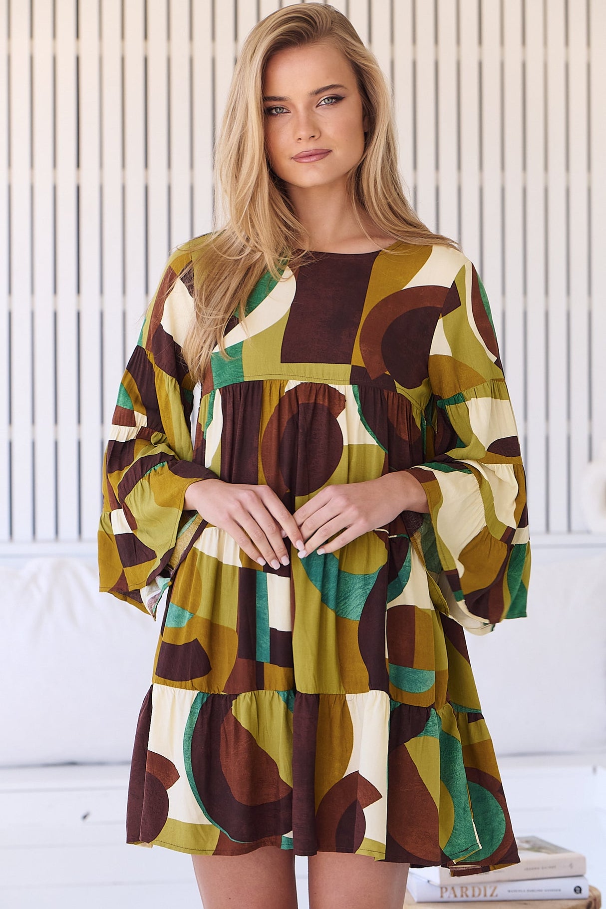 JAASE - Sander Mini Dress - Tiered Pull Over Dress with Tiered Bell Sleeves in Bardot Print