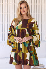 JAASE - Sander Mini Dress - Tiered Pull Over Dress with Tiered Bell Sleeves in Bardot Print